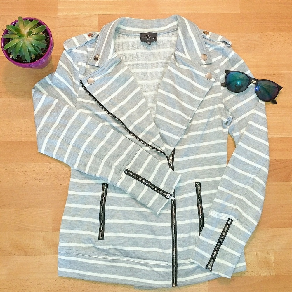 Striped sweater material moto jacket